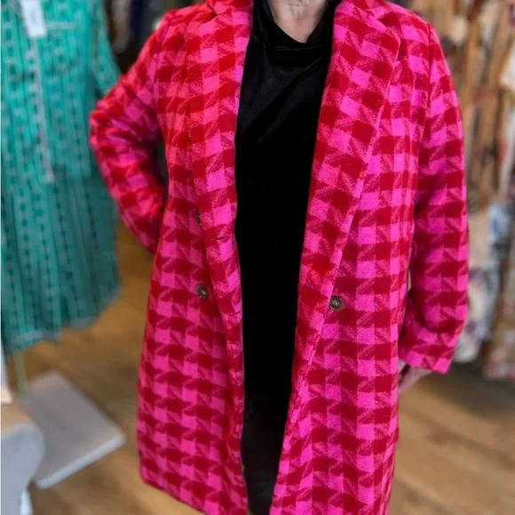 Pink & Red Houndstooth Trench Coat size: Med & Large only ***Last 3 left*** - Picture 2 of 6